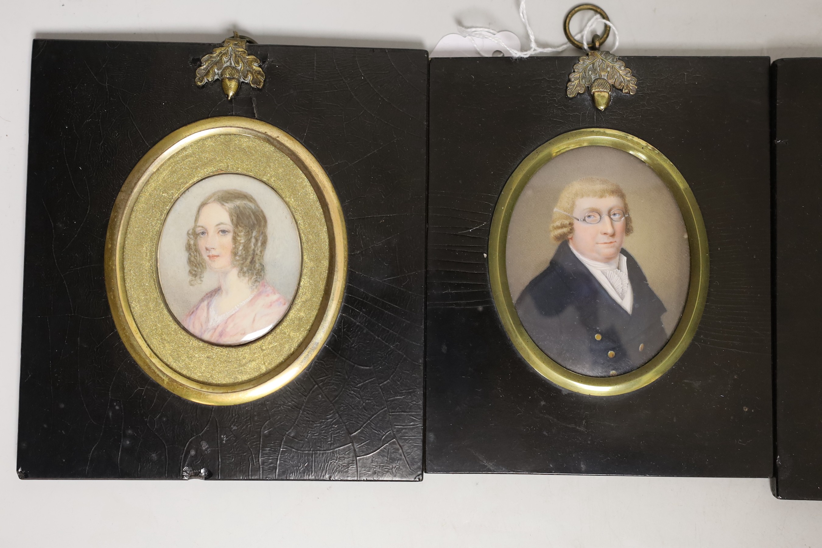 A selection of four framed and glazed portrait miniatures relating to the Robson and Walford Family. To include the subjects of: Oliver Walford of Charterhouse (1814-1855), James Robson of Conduit Street (1723-1806), Mar